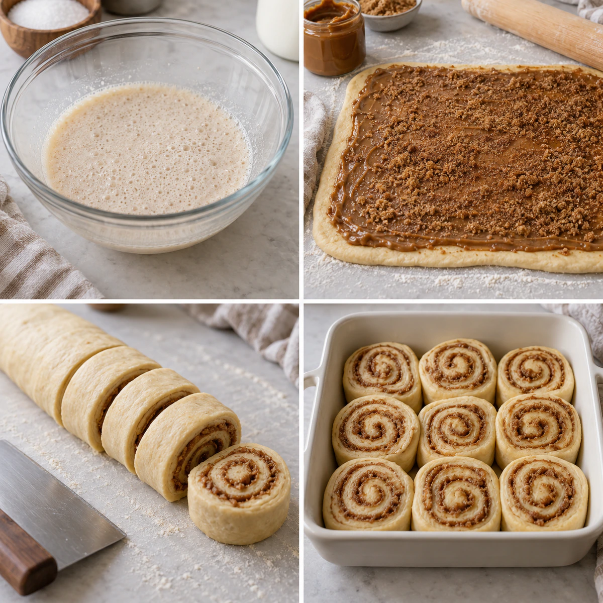 Four chronological preparation stages for Biscoff Cookie Butter Cinnamon Rolls