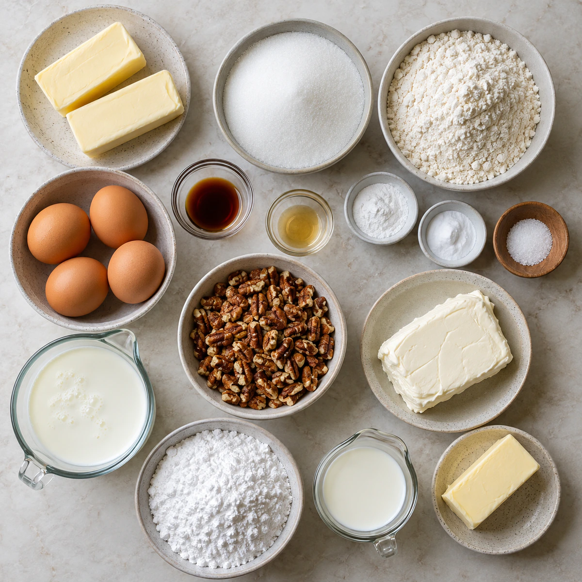 Exact measured ingredients for Butter Pecan Cake Loaf with Cream Cheese Icing