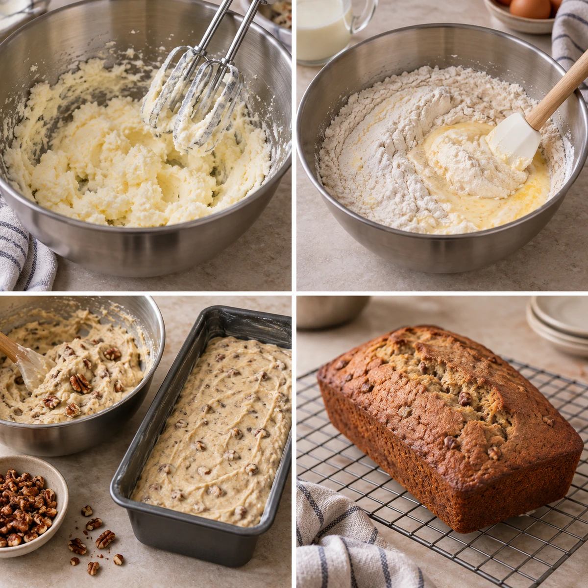 Four chronological preparation stages for Butter Pecan Cake Loaf with Cream Cheese Icing