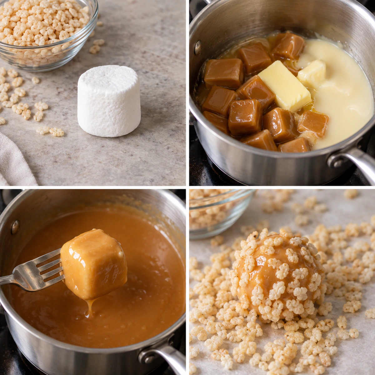 Four chronological preparation stages for Marshmallow Rice Krispie Balls
