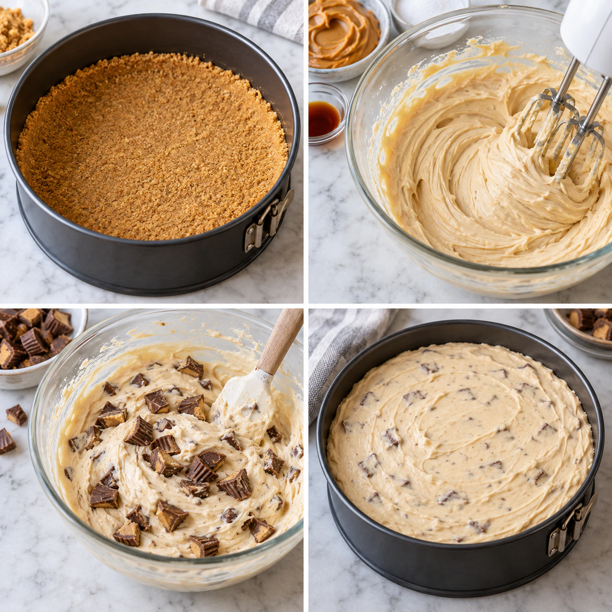 Four chronological preparation stages for Peanut Butter Cup Cheesecake