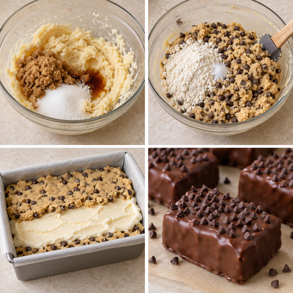 Four chronological preparation stages for Chocolate Chip Cookie Dough Ice Cream Bars