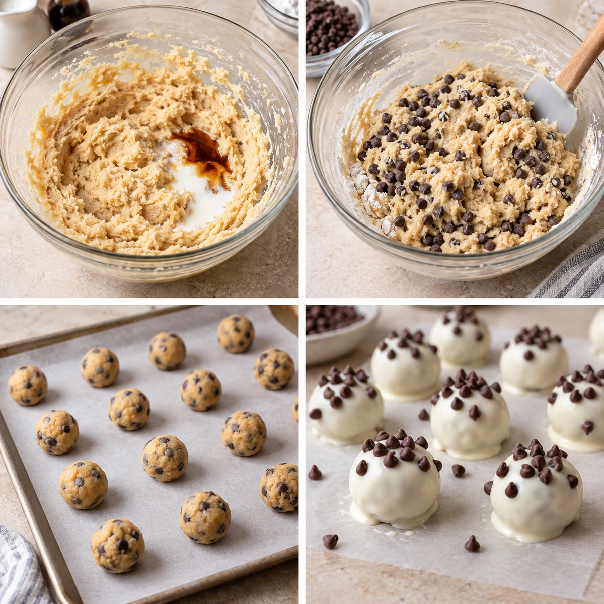 Four chronological preparation stages for Chocolate Chip Cookie Dough Truffles