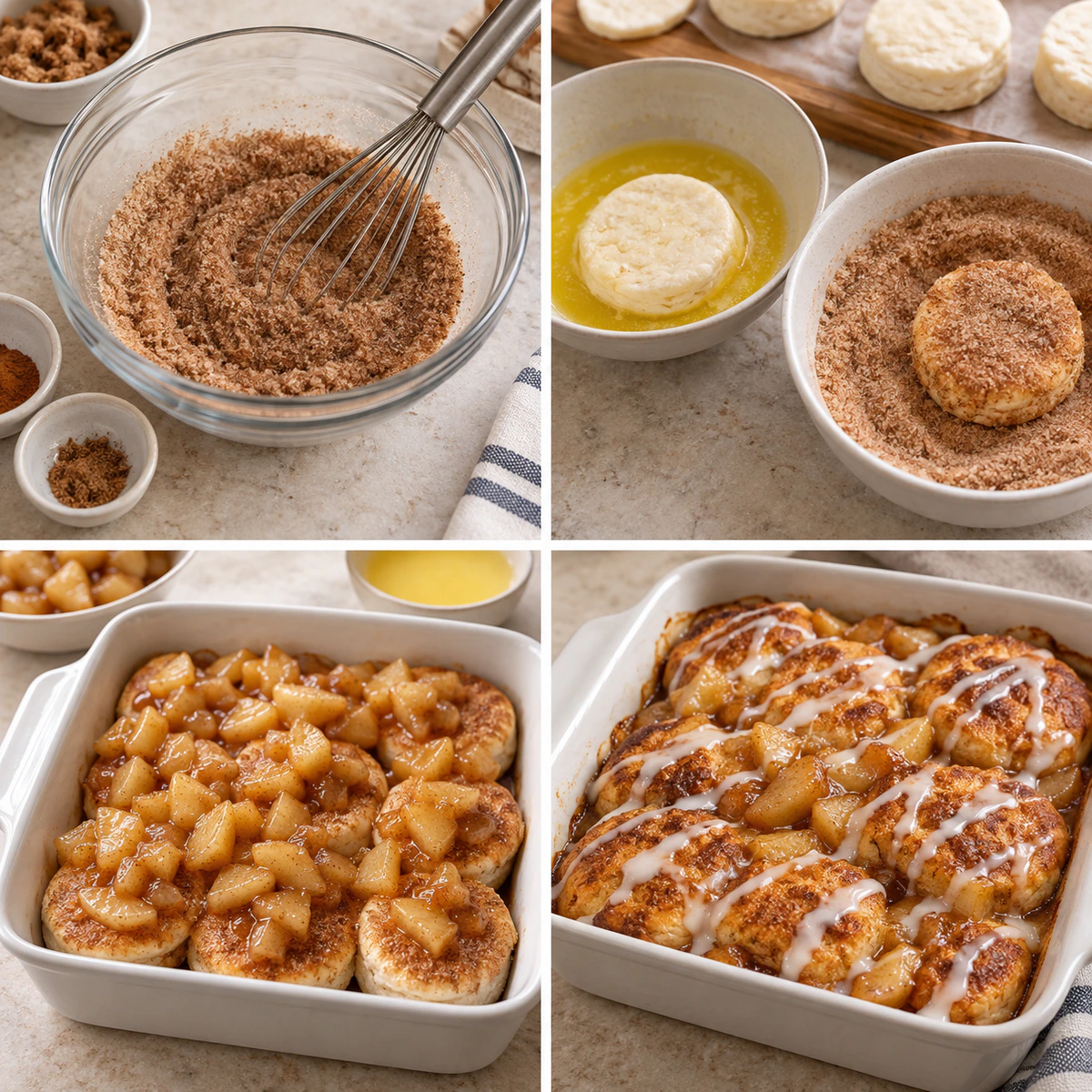 Four chronological preparation stages for Easy Apple Pie Biscuits