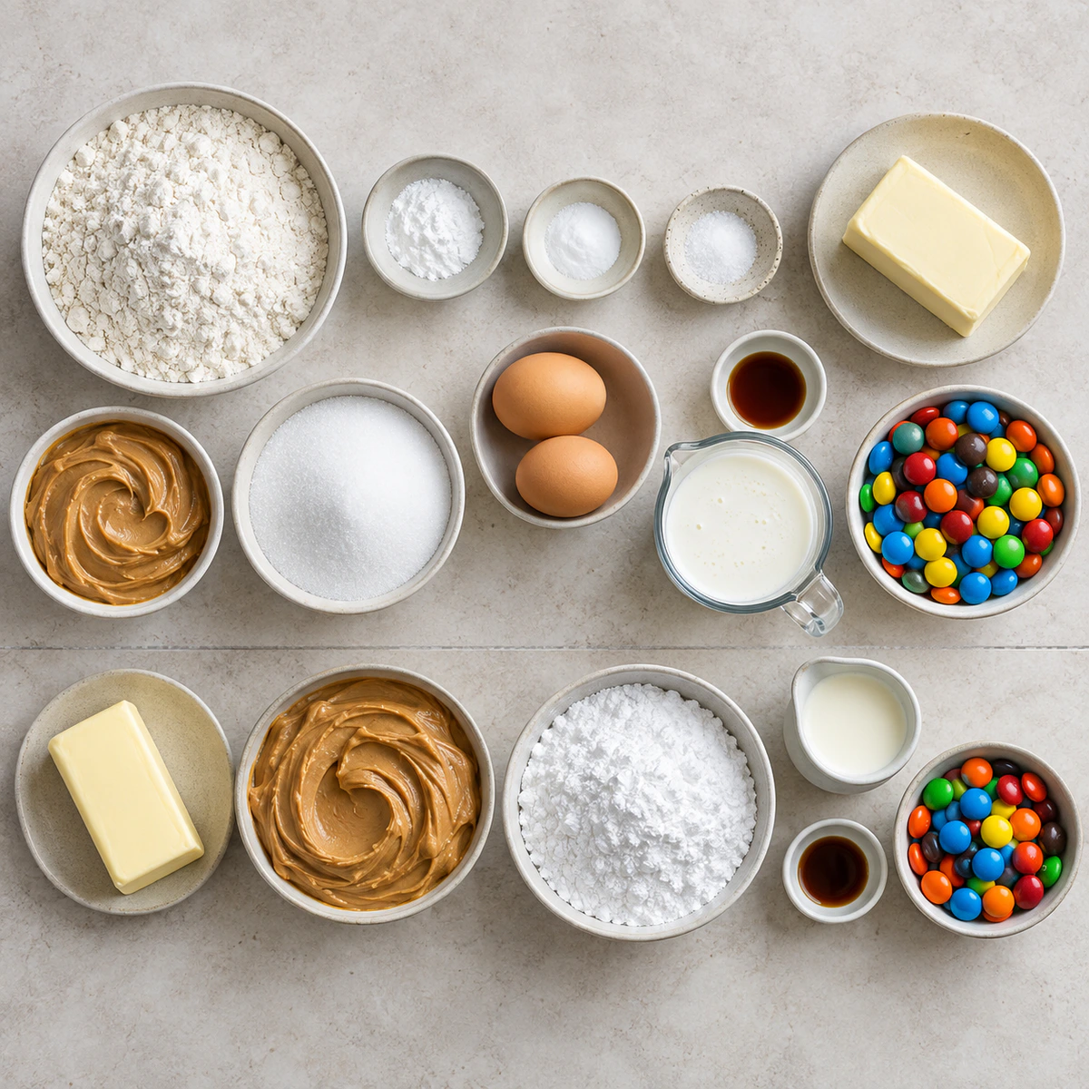 Exact measured ingredients for M&M's Peanut Butter Cake with Peanut Butter Frosting