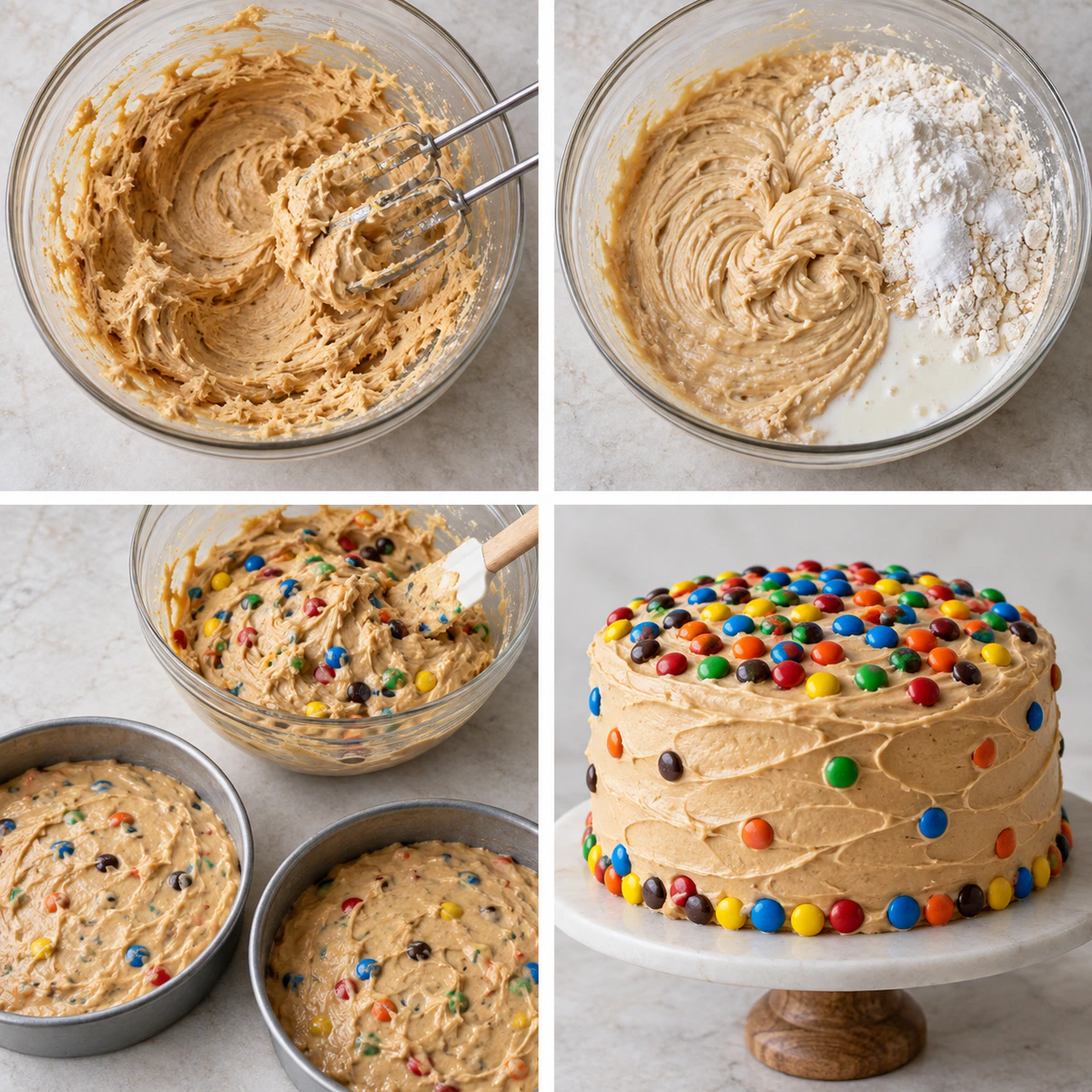 Four chronological preparation stages for M&M's Peanut Butter Cake with Peanut Butter Frosting