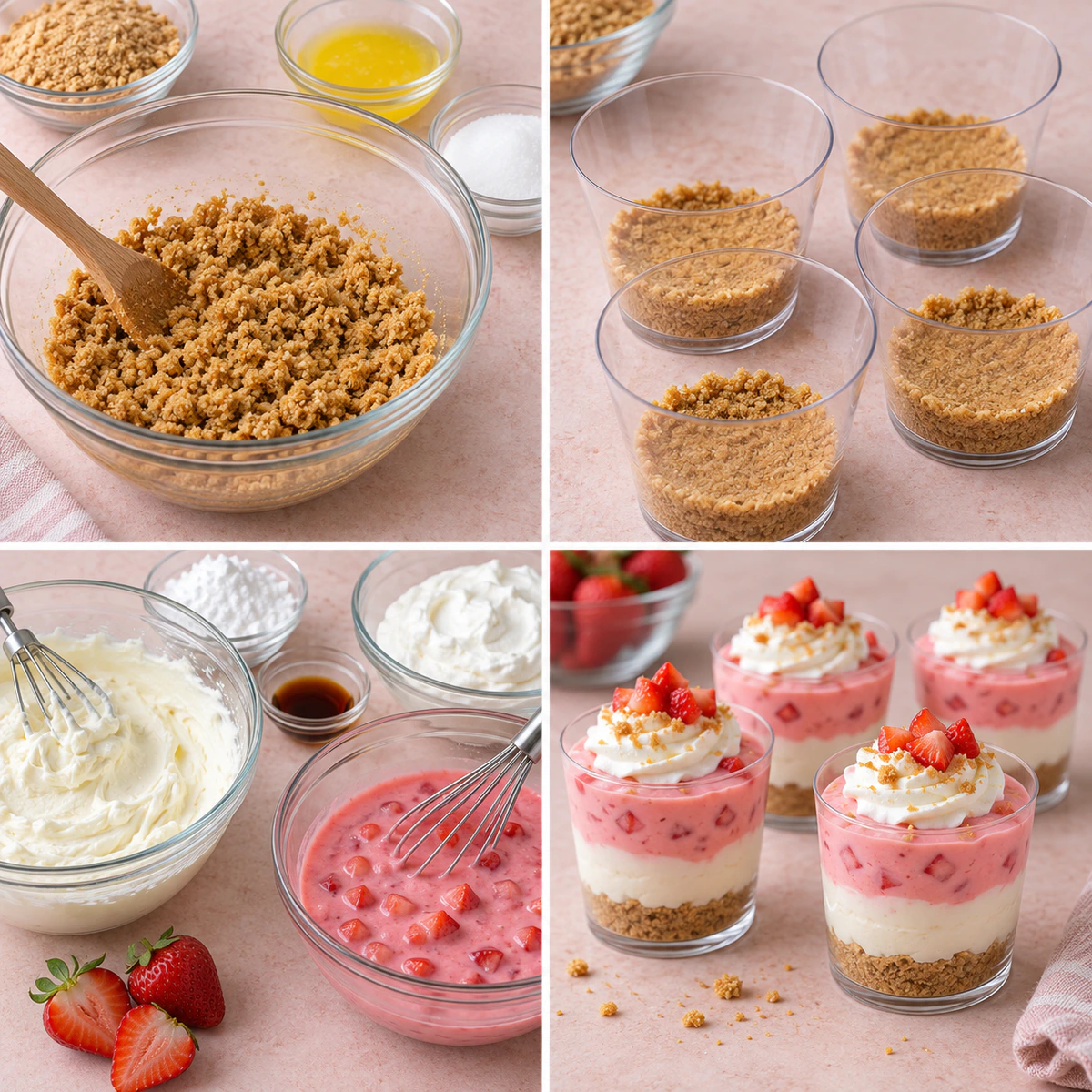 Four chronological preparation stages for Strawberry Pink Pudding Cheesecake Cups
