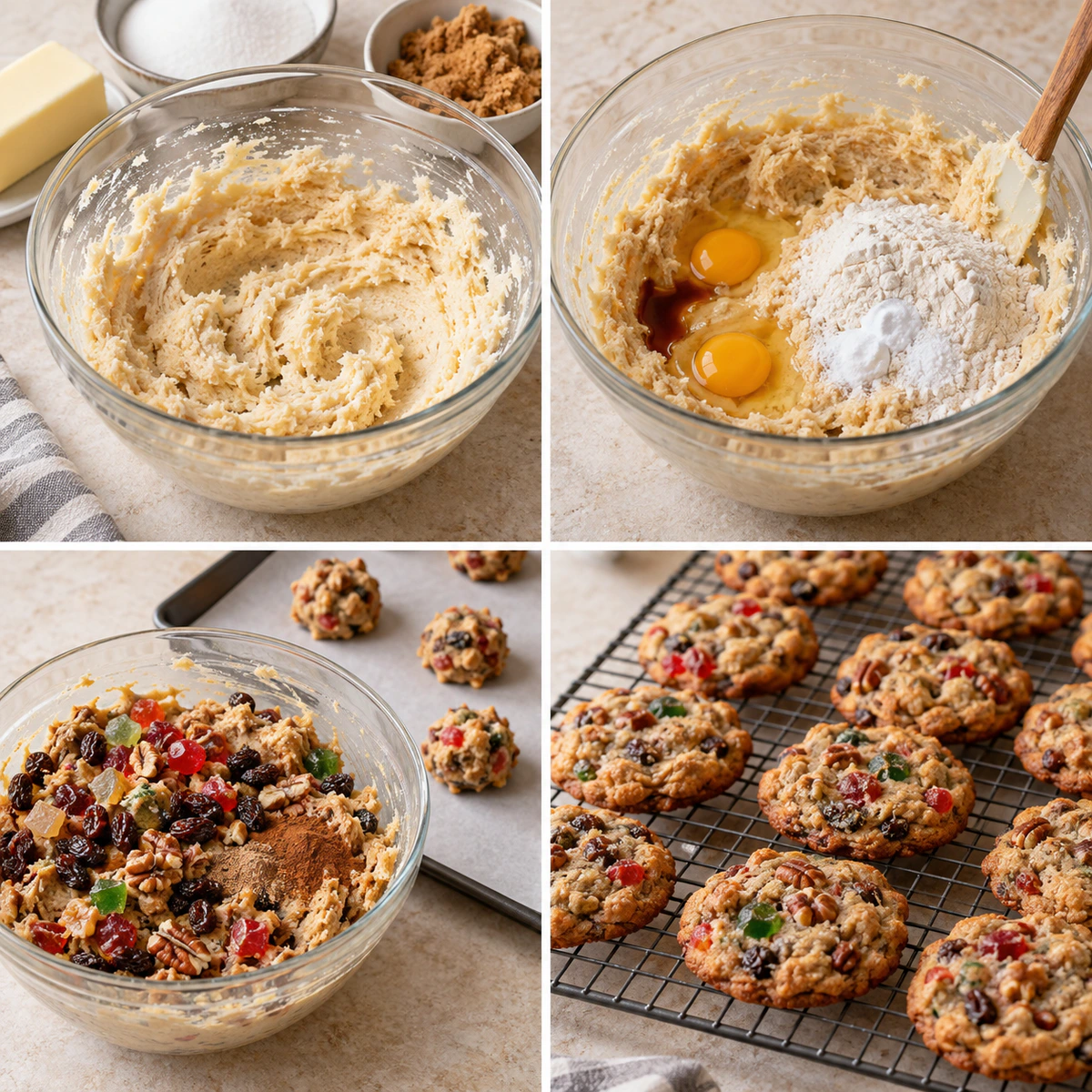 Four chronological preparation stages for Chewy Fruitcake Cookies