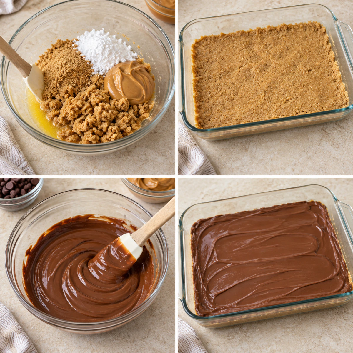 Four chronological preparation stages for Easy No-bake Peanut Butter Bars
