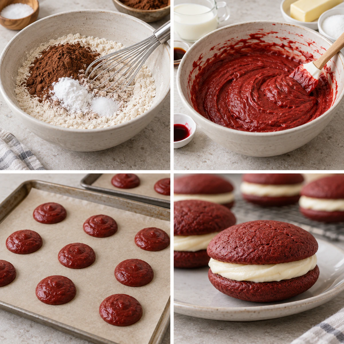 Four chronological preparation stages for Red Velvet Whoopie Pies