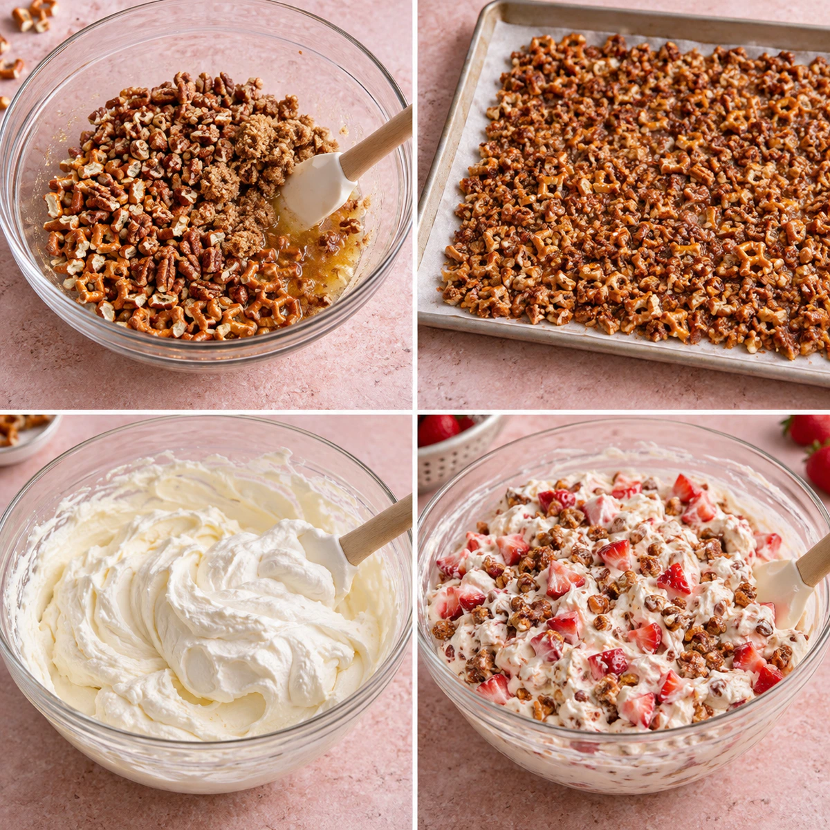 Four chronological preparation stages for Strawberry Toffee Dessert Salad