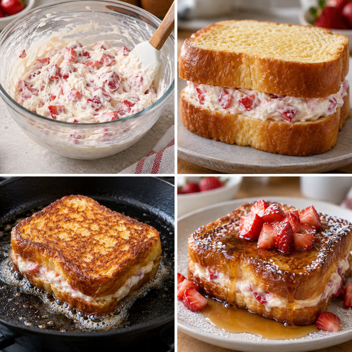 Four chronological preparation stages for Beef French Toast With Cheesecake Essence