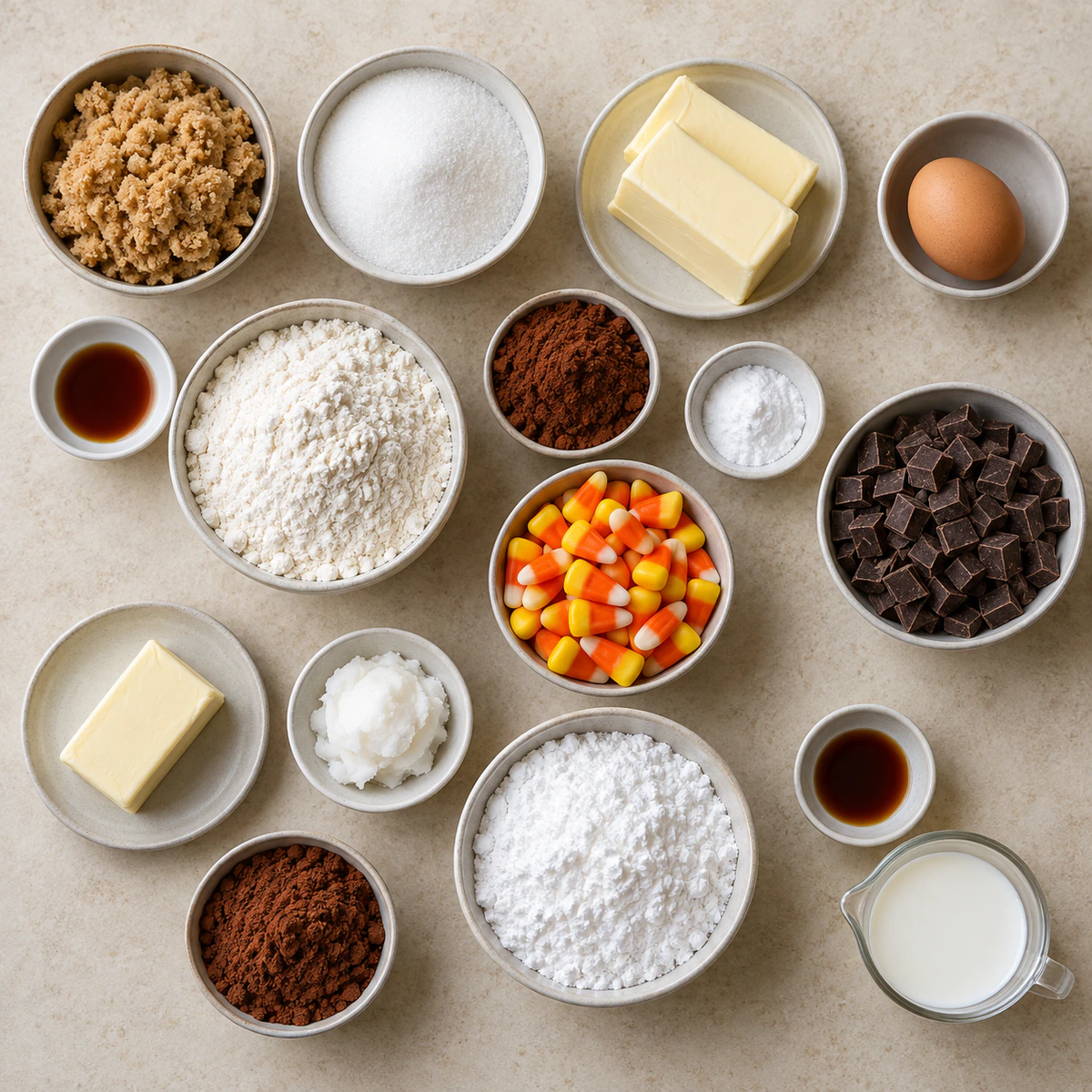 Exact measured ingredients for Candy Corn Chocolate Chip Cookie Cake