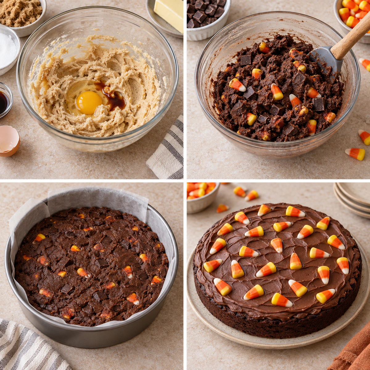 Four chronological preparation stages for Candy Corn Chocolate Chip Cookie Cake