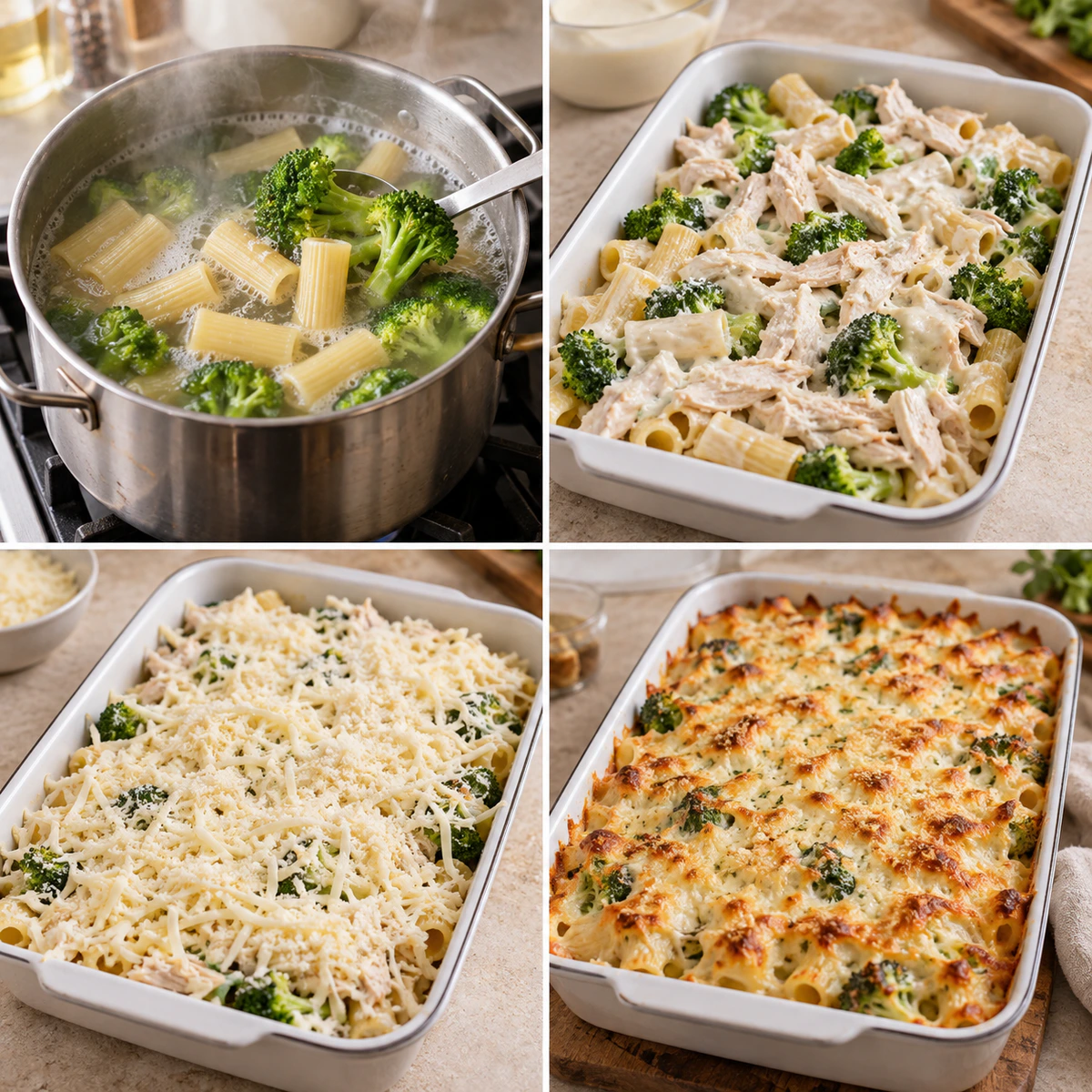 Four chronological preparation stages for Chicken And Broccoli Baked Alfredo