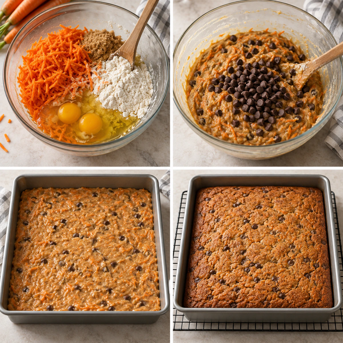 Four chronological preparation stages for Chocolate Chip Carrot Cake Bars