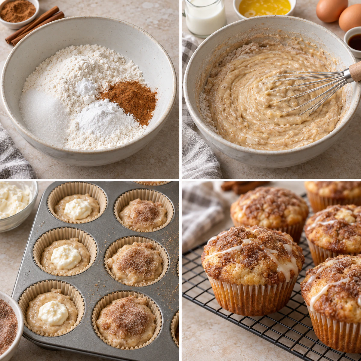 Four chronological preparation stages for Gooey Cinnamon Cream Cheese Muffins