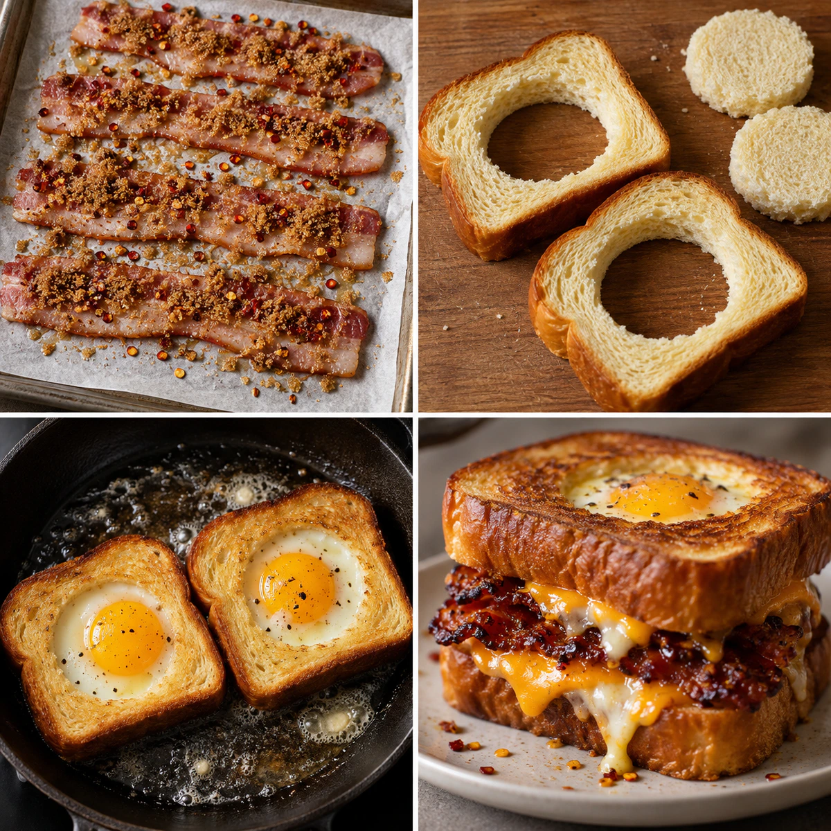 Four chronological preparation stages for Egg-In-A-Hole Breakfast Sandwich
