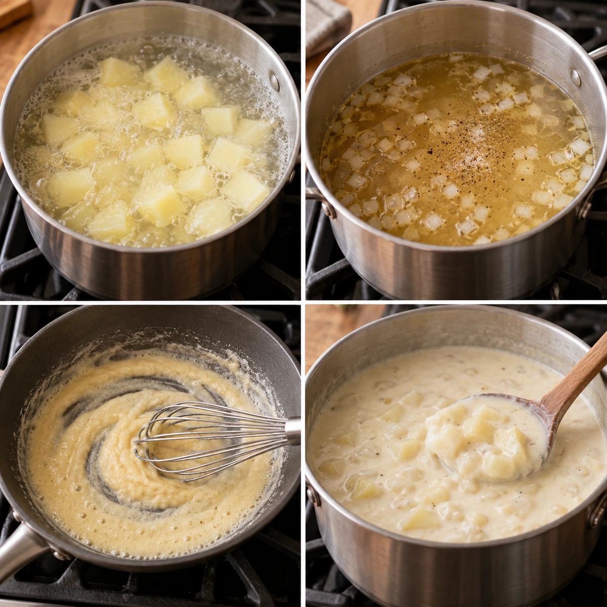 Four chronological preparation stages for Outback Steakhouse Potato Soup