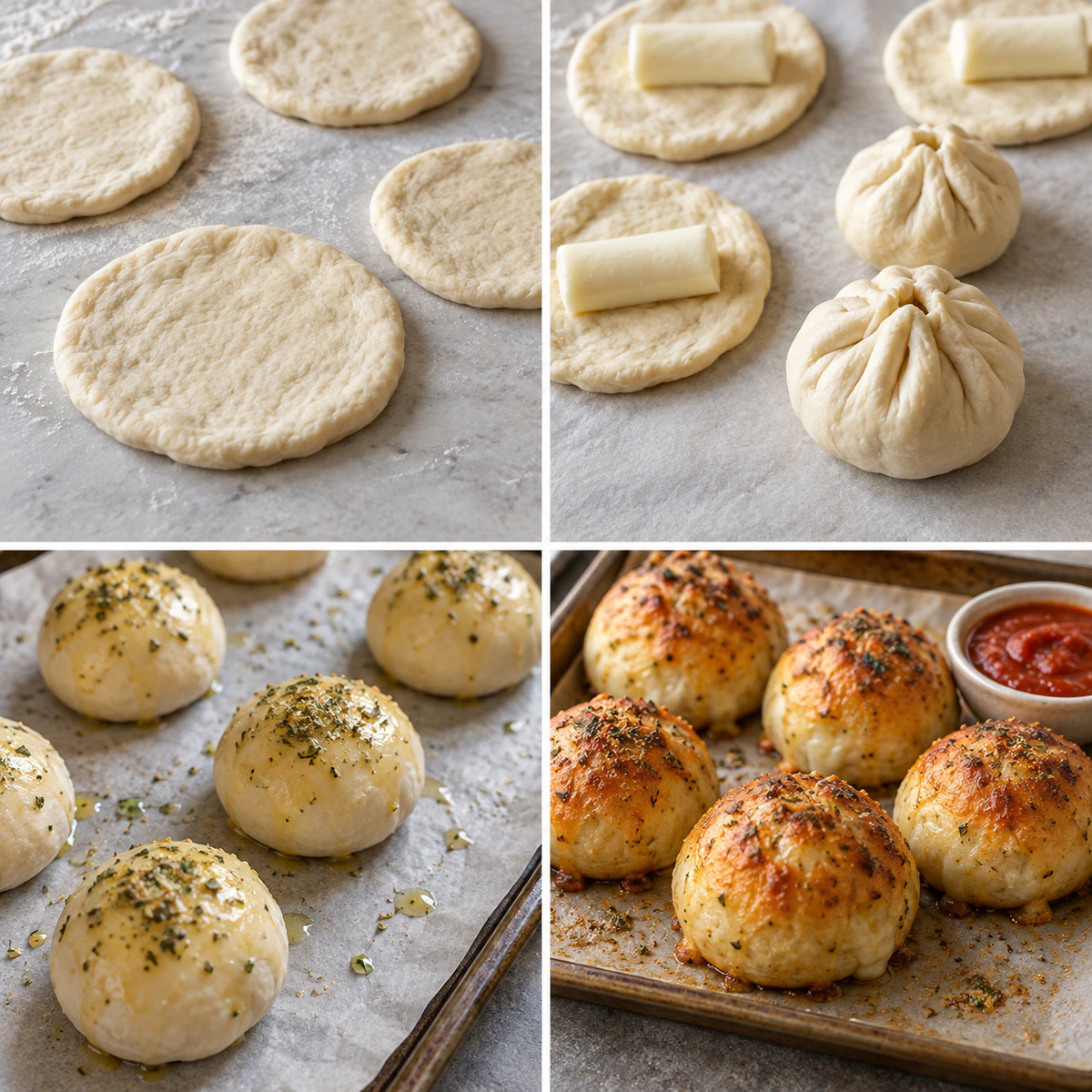 Four chronological preparation stages for Pillsbury Biscuit Garlic Butter Cheese Bombs