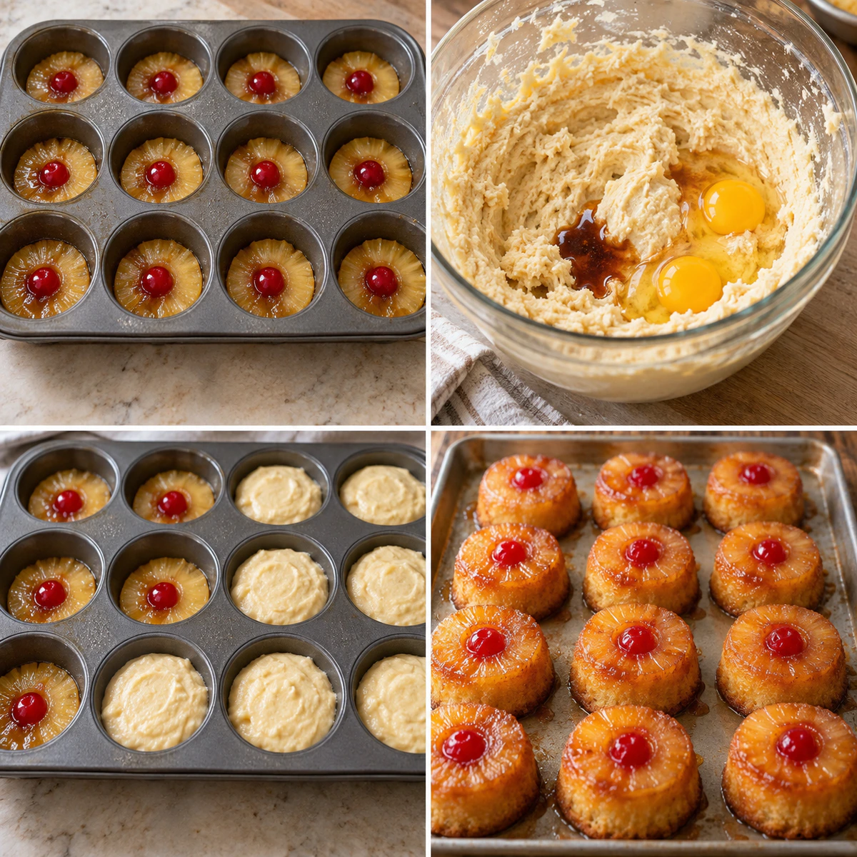 Four chronological preparation stages for Pineapple Upside-Down Cupcakes