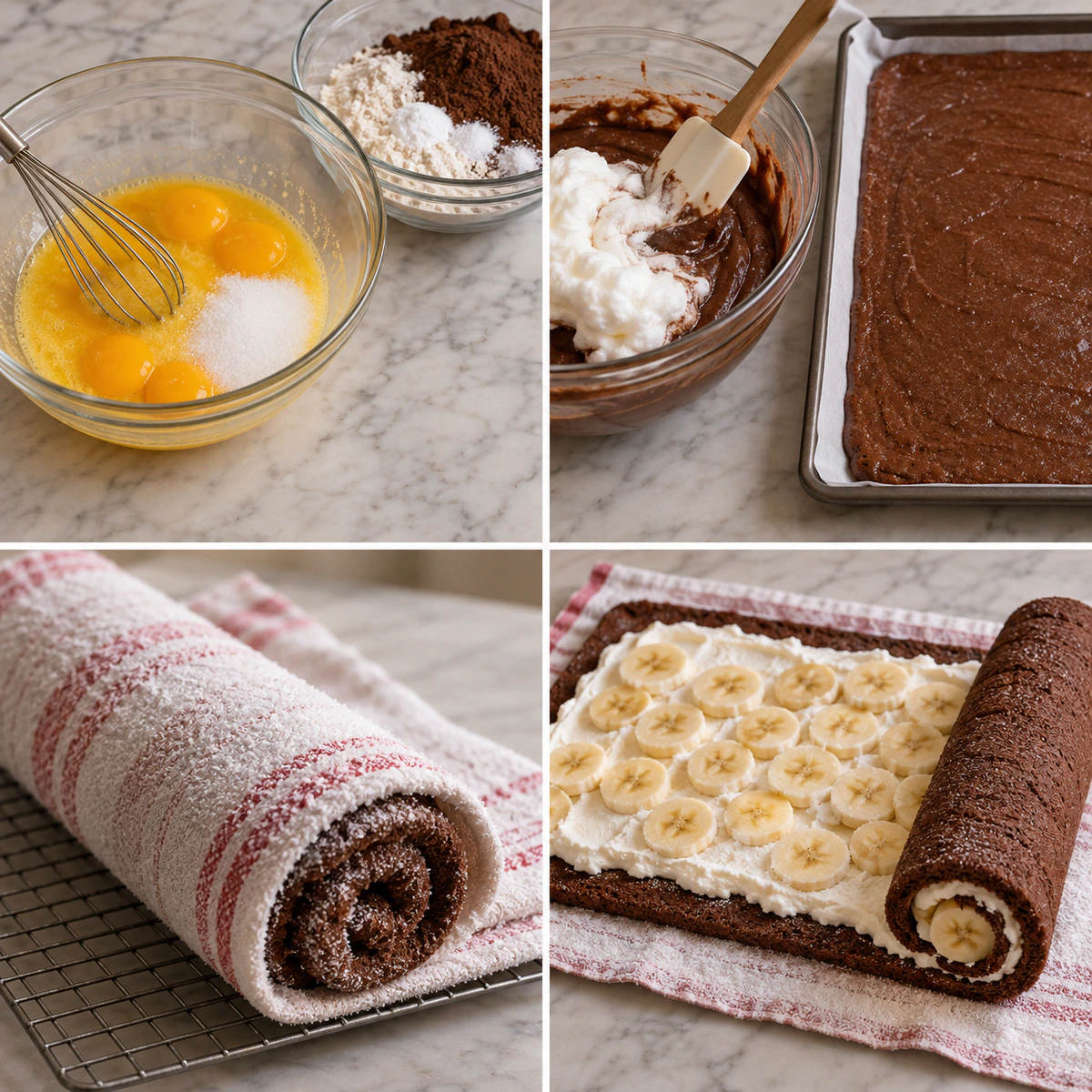 Four chronological preparation stages for Banana Chocolate Dream Roll