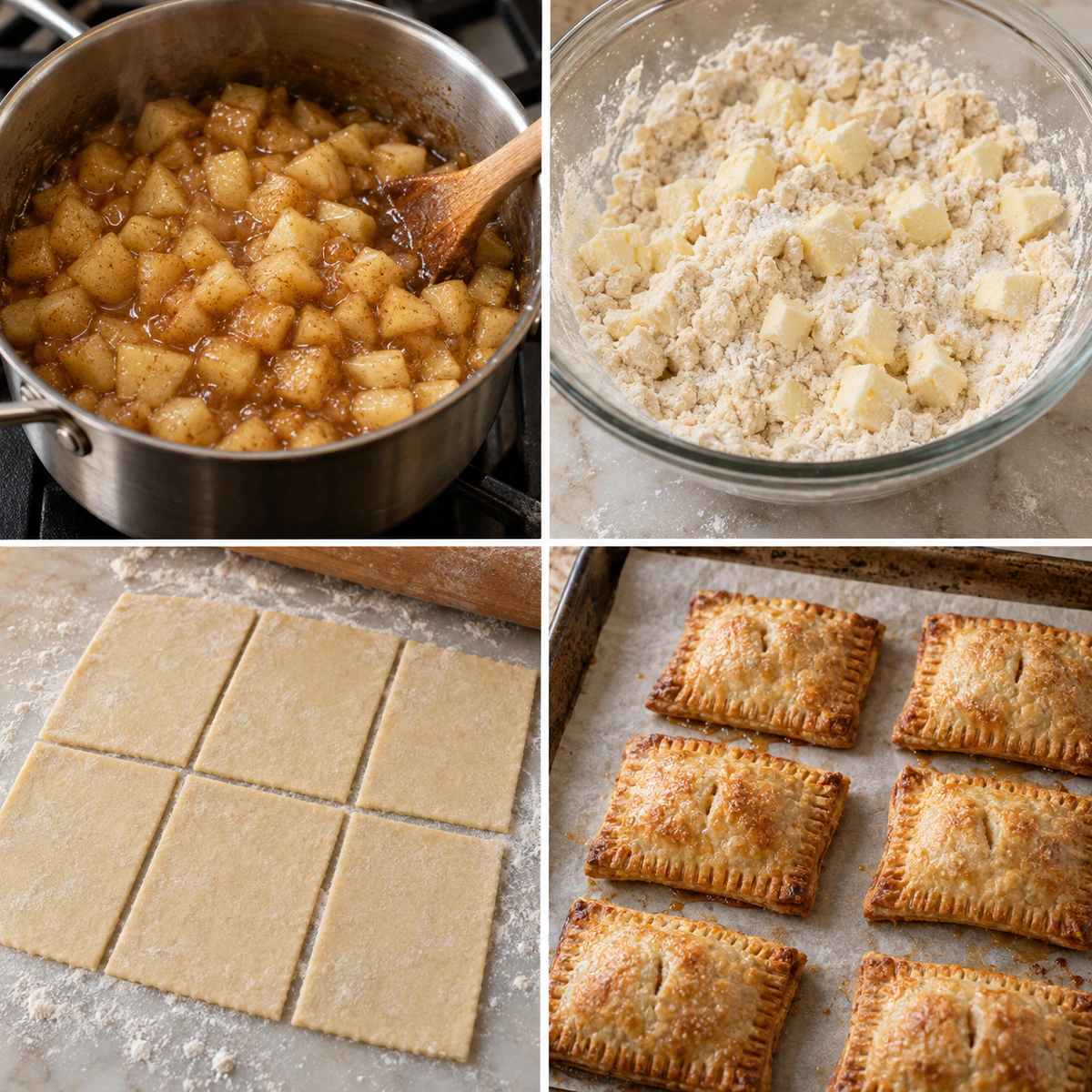 Four chronological preparation stages for Copycat McDonald's Apple Pie