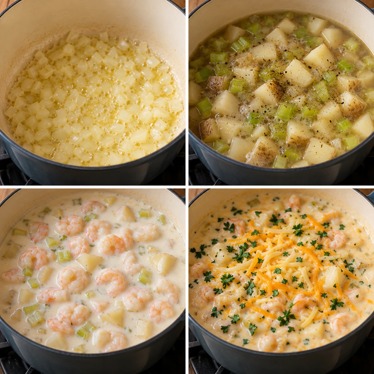 Four chronological preparation stages for Shrimp Chowder