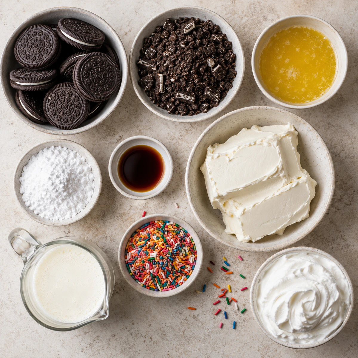 Exact measured ingredients for No-Bake Oreo Cheesecake with Sprinkles