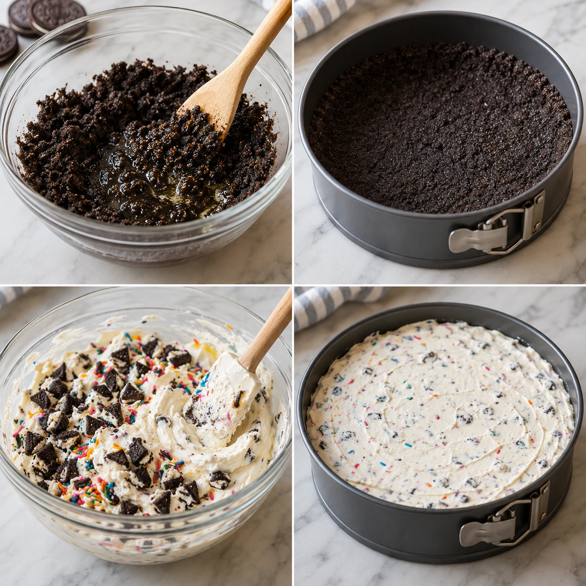 Four chronological preparation stages for No-Bake Oreo Cheesecake with Sprinkles