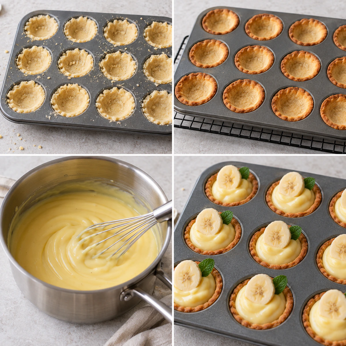 Four chronological preparation stages for Creamy Banana Custard Cups