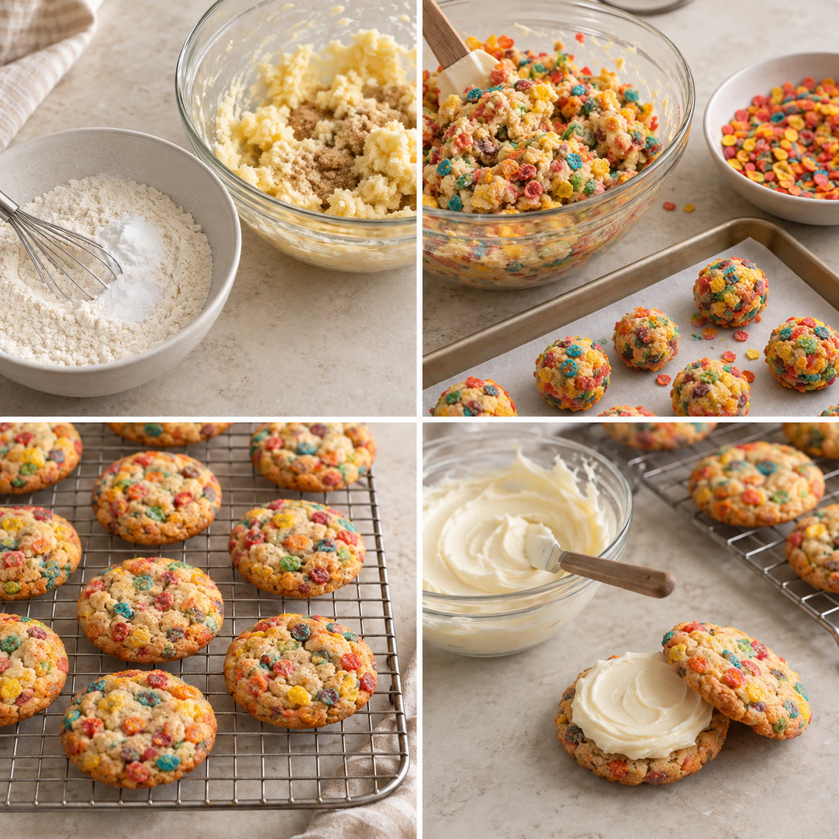 Four chronological preparation stages for Fruity Pebbles Cookie Sandwiches