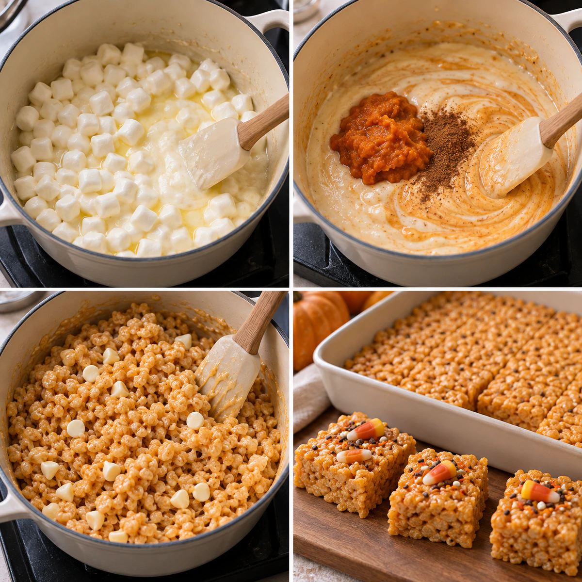 Four chronological preparation stages for Pumpkin Rice Krispie Treats