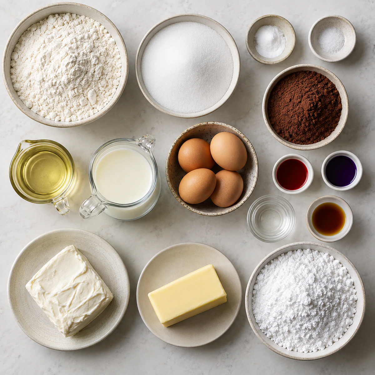 Exact measured ingredients for Purple Velvet Cake with White Chocolate Cream Cheese Frosting