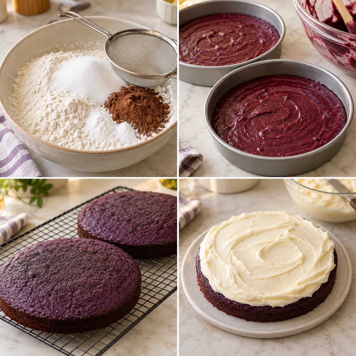Four chronological preparation stages for Purple Velvet Cake with White Chocolate Cream Cheese Frosting