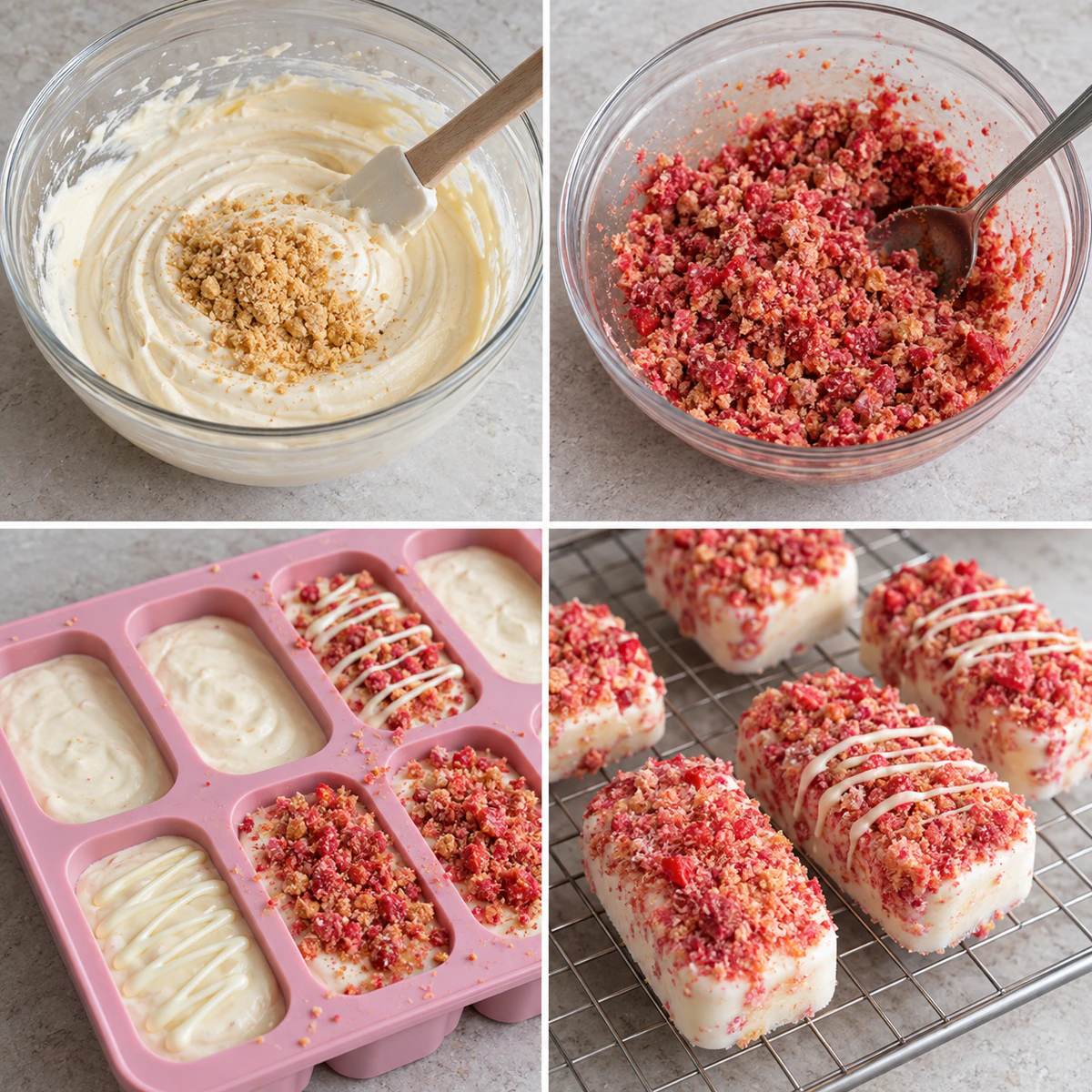 Four chronological preparation stages for Strawberry Crunch Cheesecake Pops
