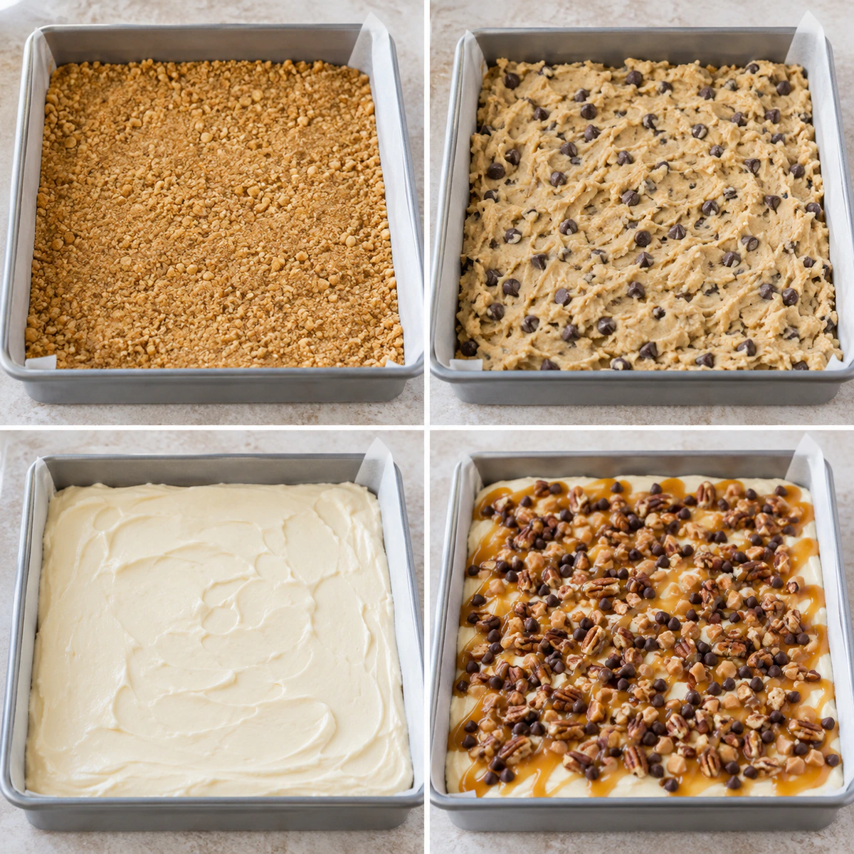 Four chronological preparation stages for Billion Dollar Cookie Bars