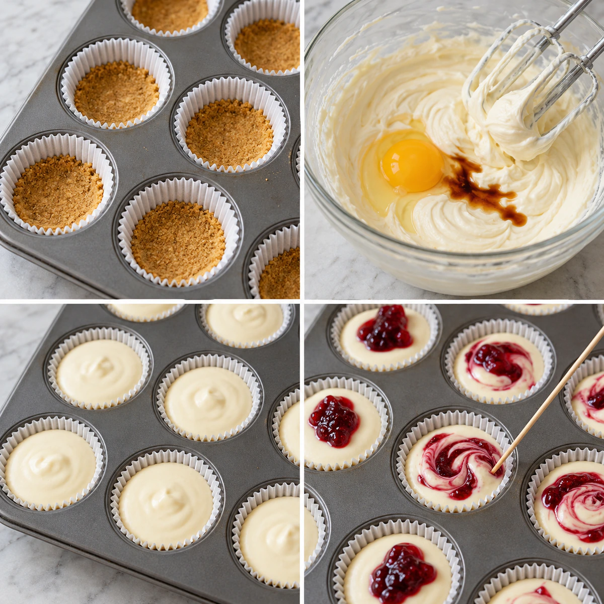 Four chronological preparation stages for Homemade Raspberry Swirl Cheesecake Bites