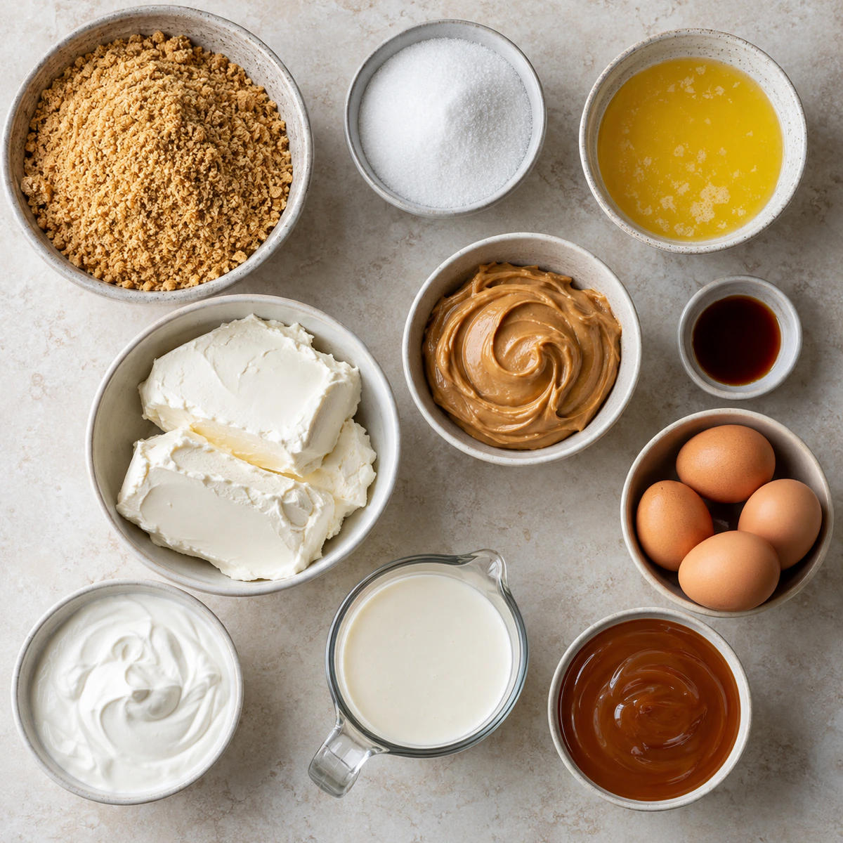 Exact measured ingredients for Peanut Butter Cheesecake with Peanut Butter and Caramel Drizzle