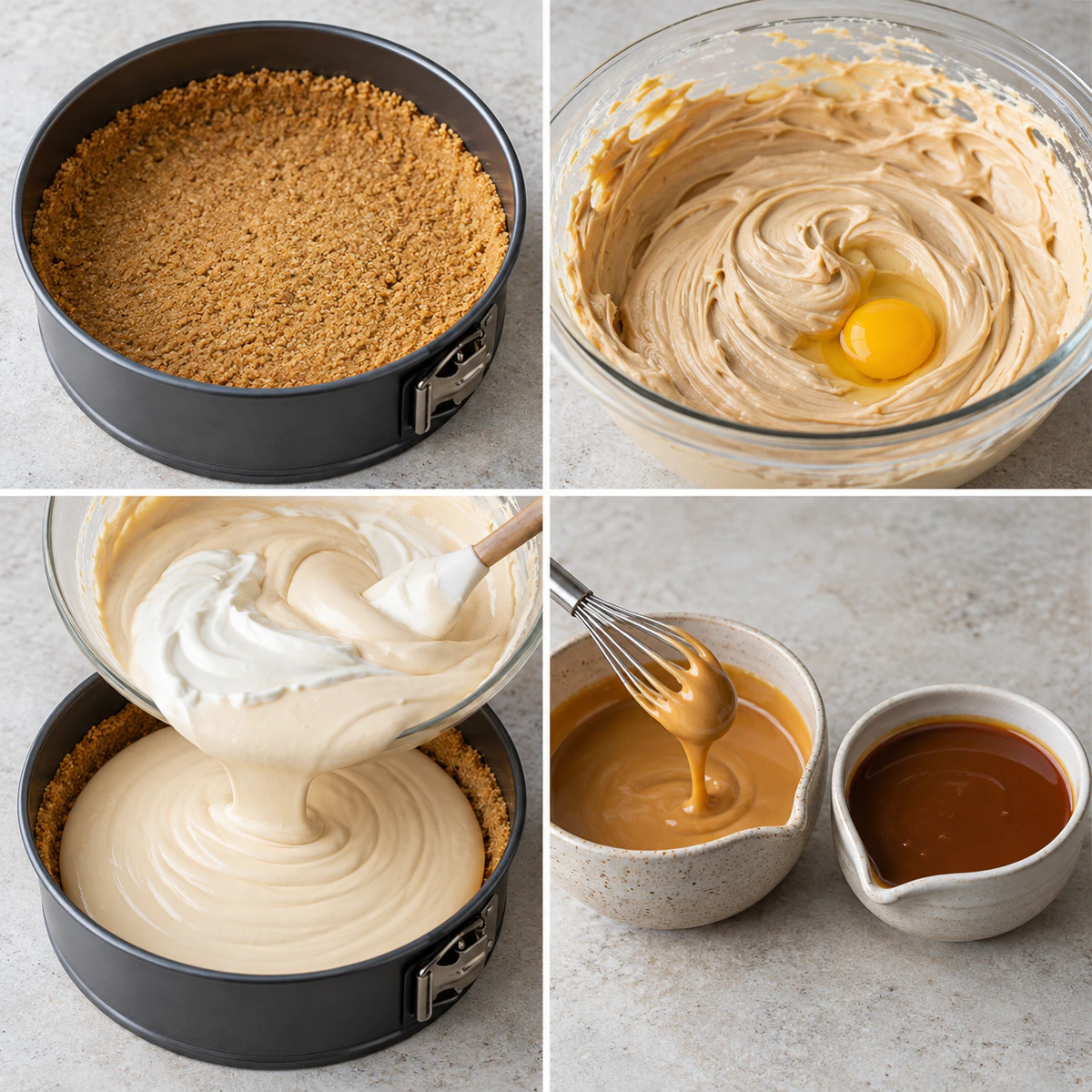 Four chronological preparation stages for Peanut Butter Cheesecake with Peanut Butter and Caramel Drizzle