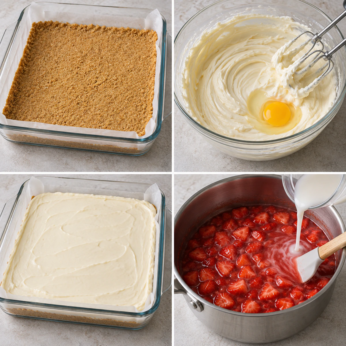 Four chronological preparation stages for Philadelphia Strawberry Cheesecake Bars