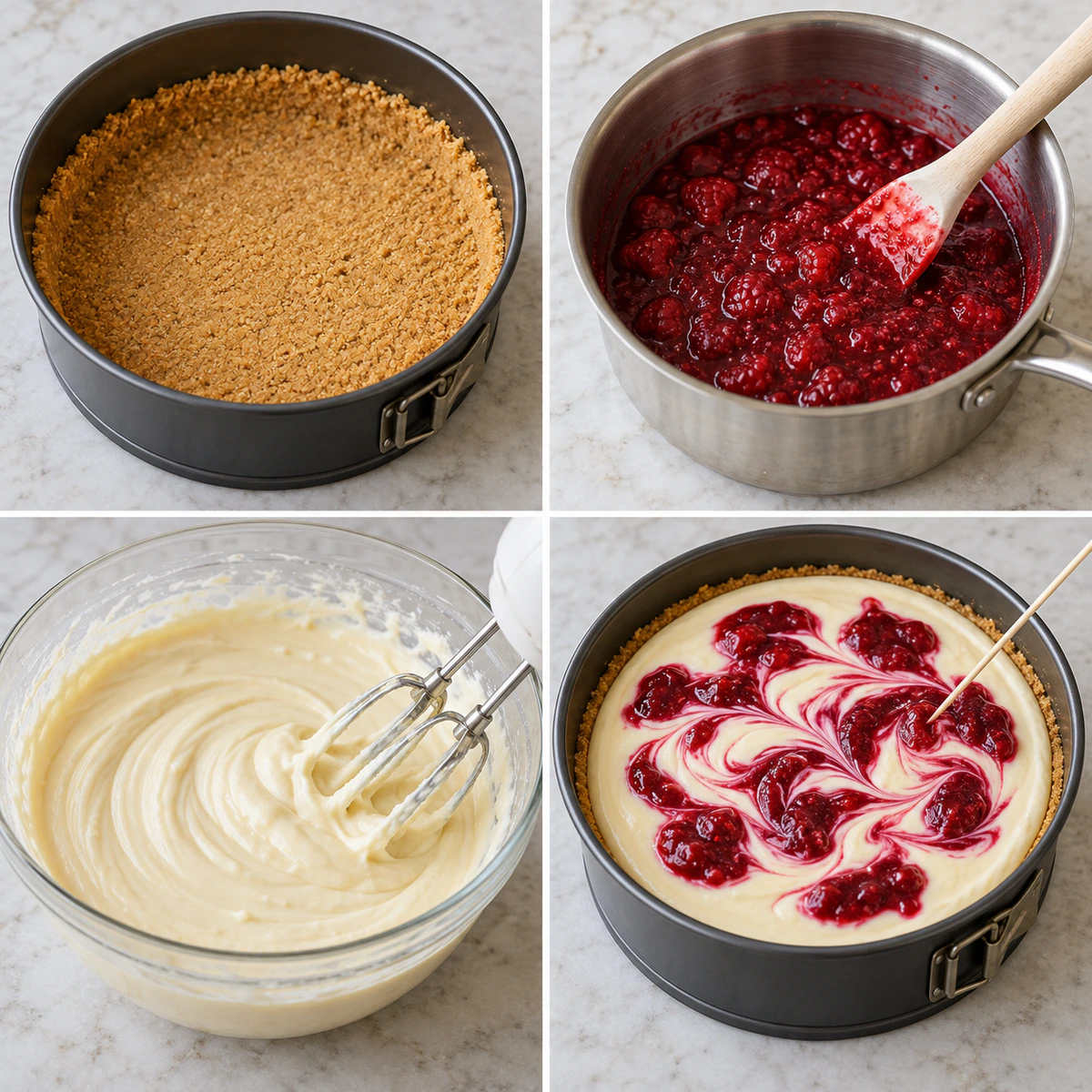 Four chronological preparation stages for Raspberry Swirl Cheesecake