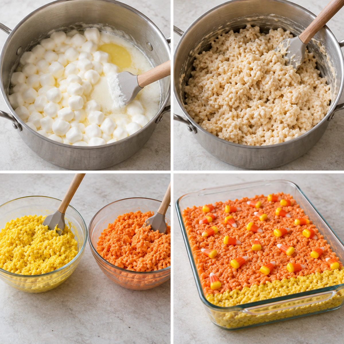 Four chronological preparation stages for Candy Corn Rice Krispies Treats