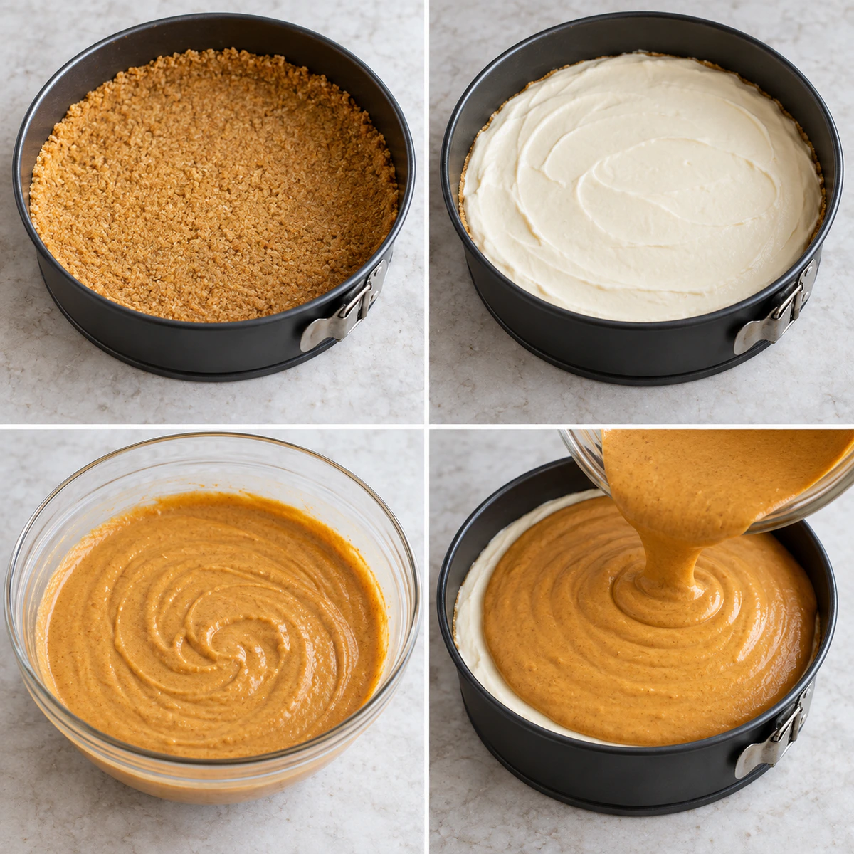 Four chronological preparation stages for Caramel Pumpkin Cheesecake Magic