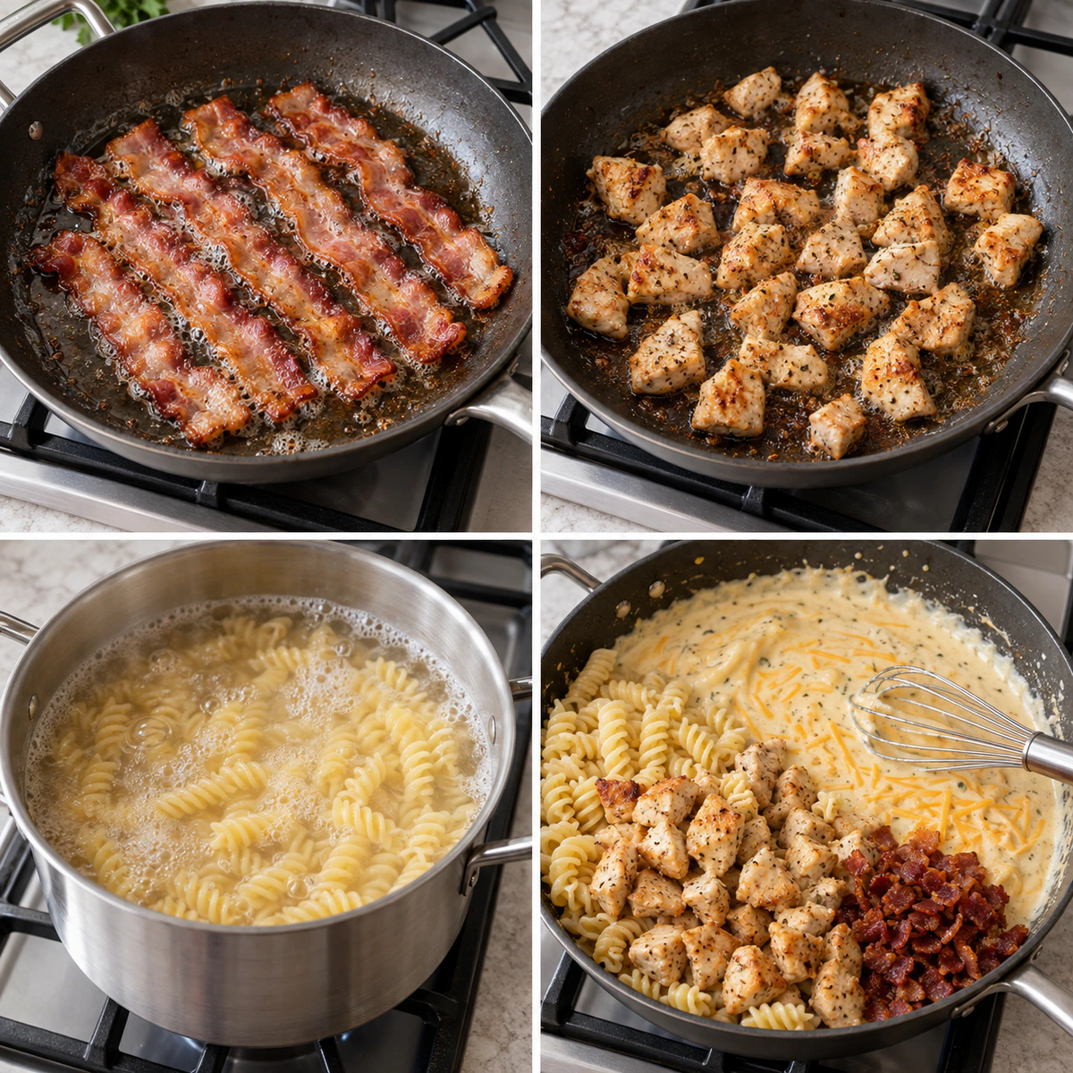 Four chronological preparation stages for Chicken Bacon Ranch Pasta