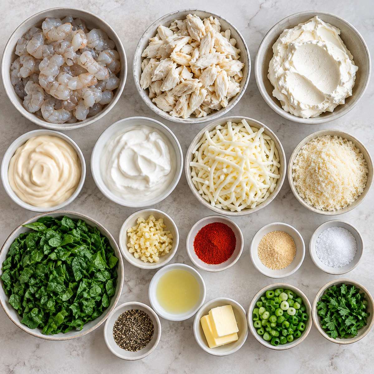 Exact measured ingredients for Creamy Shrimp and Crab Spinach Dip