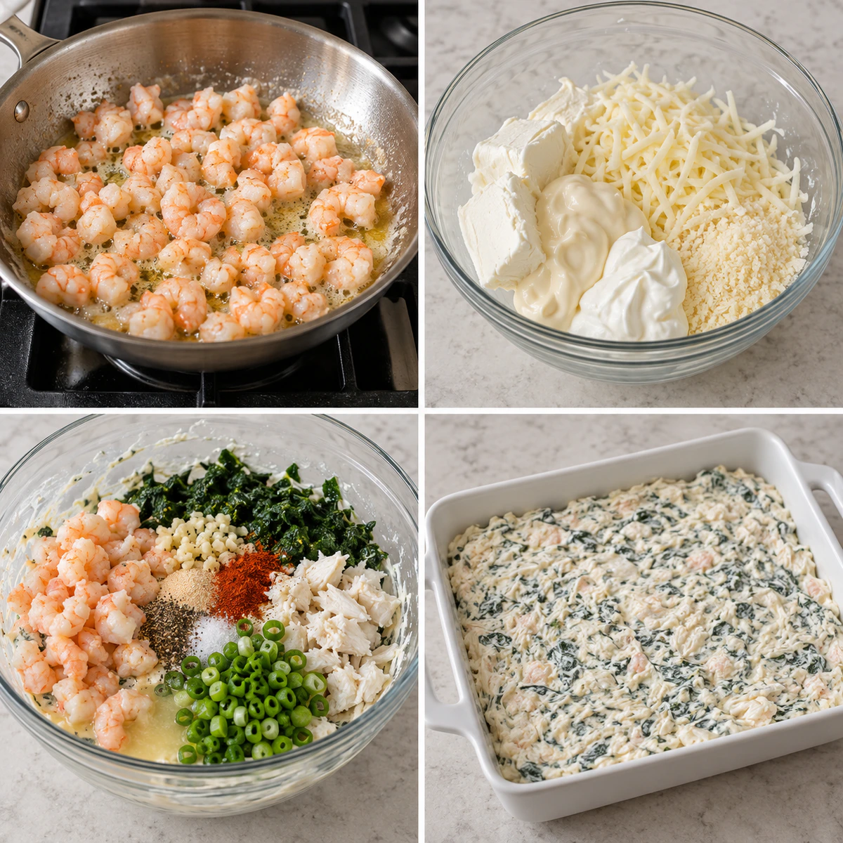 Four chronological preparation stages for Creamy Shrimp and Crab Spinach Dip
