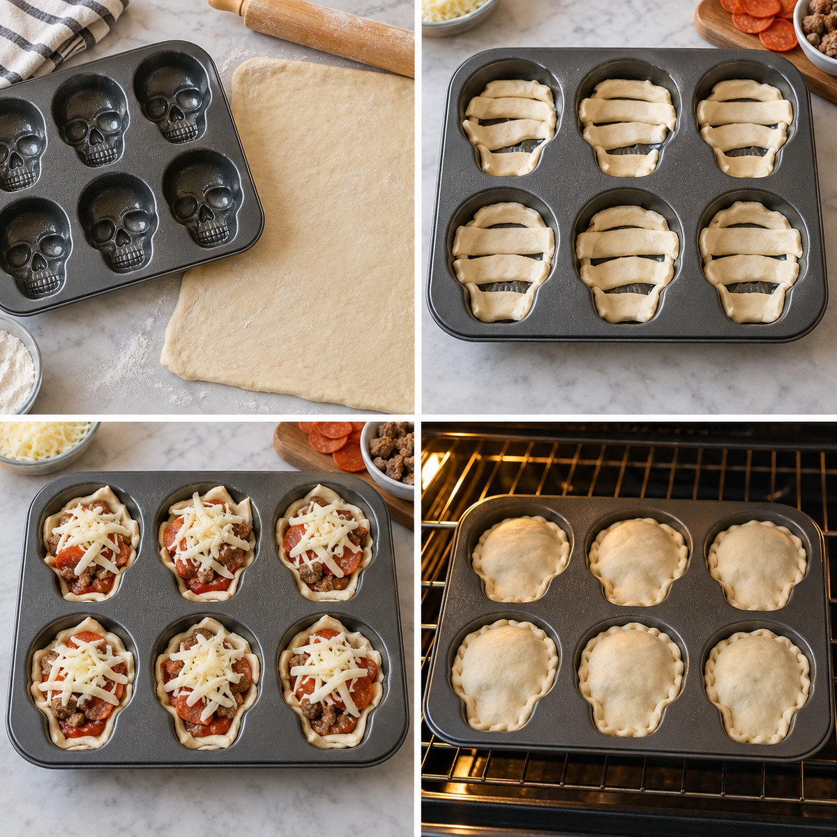 Four chronological preparation stages for Halloween Pizza Skulls