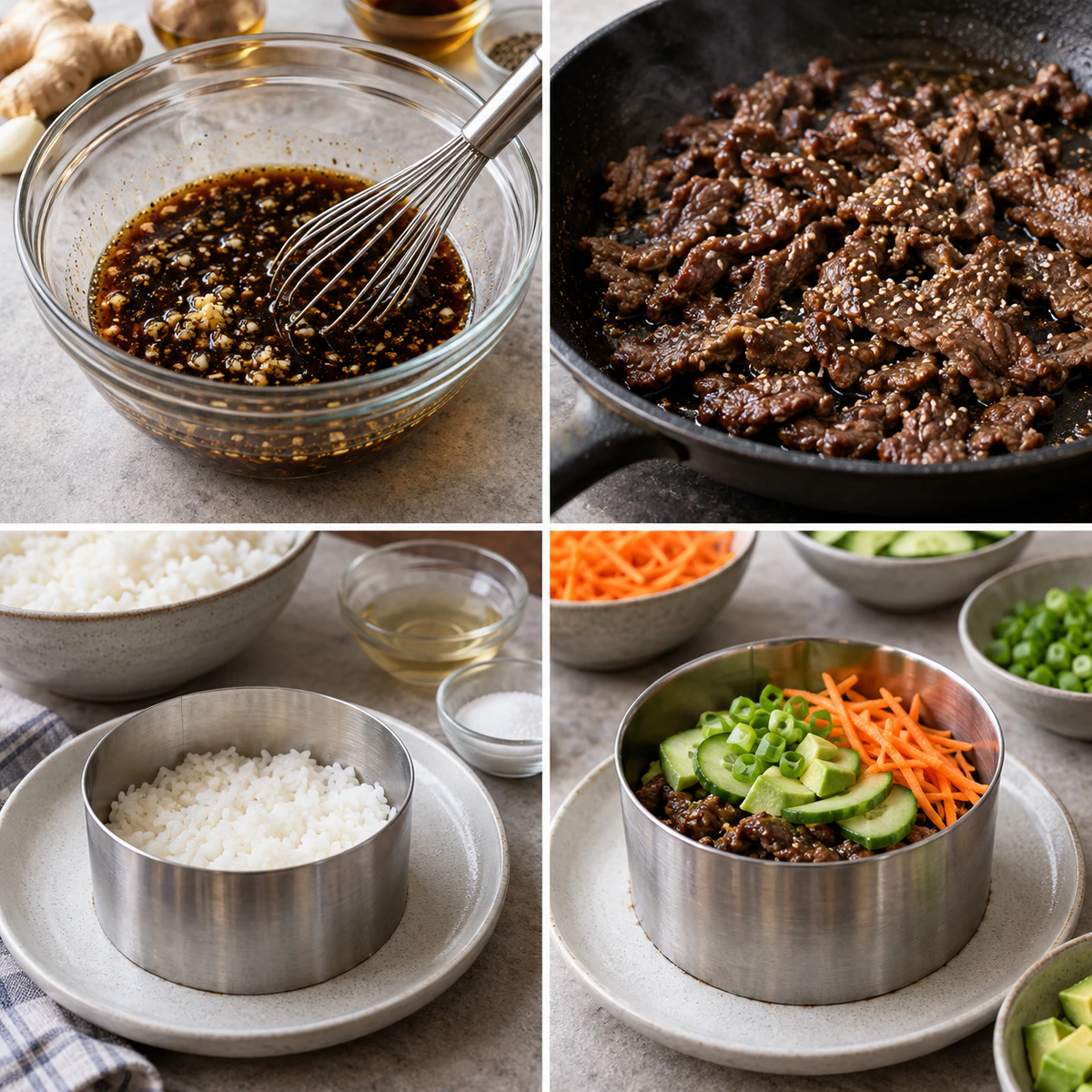Four chronological preparation stages for Korean BBQ Beef Rice Stack