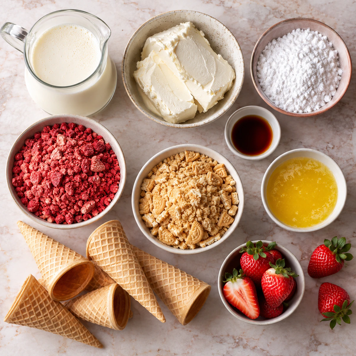 Exact measured ingredients for Strawberry Crunch Cheesecake Cones